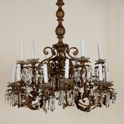 Large Bronze Chandelier Six Arms Crystal Pendants Italy Early 1900s