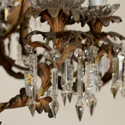 Large Bronze Chandelier Six Arms Crystal Pendants Italy Early 1900s