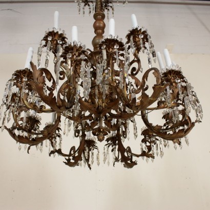 Large Bronze Chandelier Six Arms Crystal Pendants Italy Early 1900s