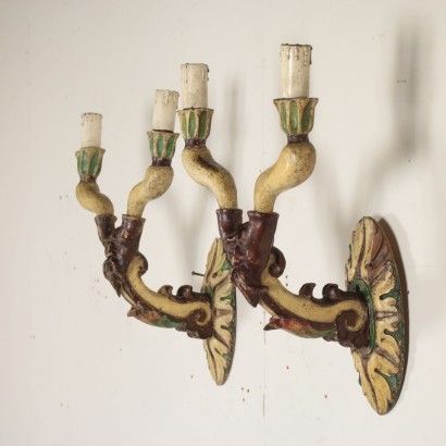 Pair of Wall Lights Carved Lacquered Wood Italy Mid 1800s