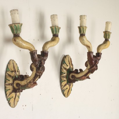 Pair of Wall Lights Carved Lacquered Wood Italy Mid 1800s