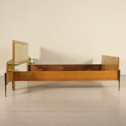 Double Bed with Glass Hanging Shelves Maple Veneer Skai Vintage 1960s