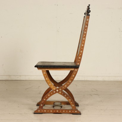 Set of Three Inlaid Chairs Walnut Ivory Inlays Italy 1800s