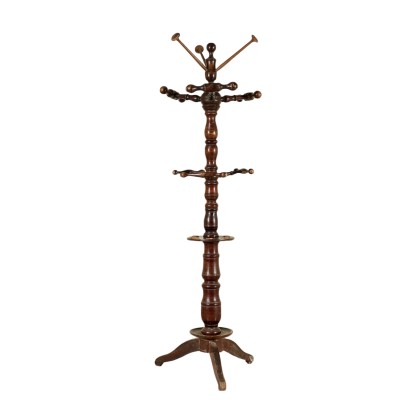 Turned Walnut Coat Hanger with Stick Holder and Hat Rack Italy 1800