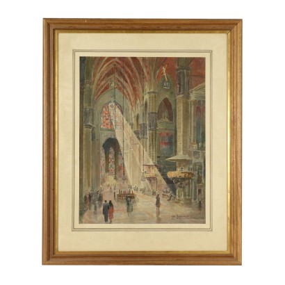 Watercolor by Nan Borazzo Interior of the Milan Cathedral 20th Century