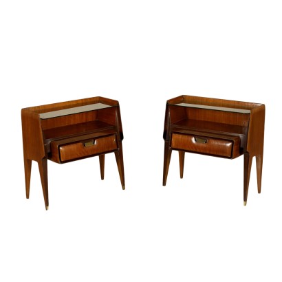 Pair of Nightstands Mahogany Veneer Brass Glass Vintage Italy 1950s