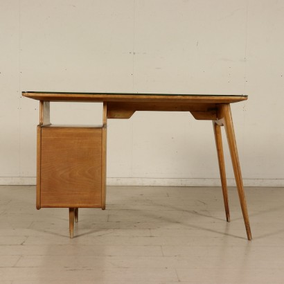 Writing Desk Oak Veneer Back-Treated Glass Vintage Italy 1950s