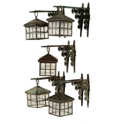Set of Five Liberty Lanterns Brass Glass Italy Early 20th Century
