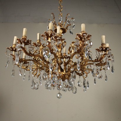 Bronze Chandelier Crystal Pendants Italy Early 1900s