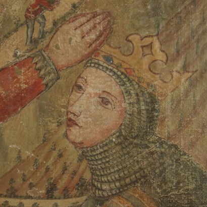 Finto strappo d'affresco con scena medievale-particolare