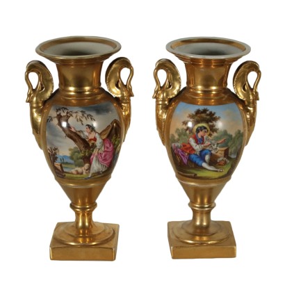 Pair of Empire Vases Gilded Porcelain Early 1800s