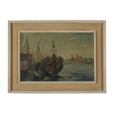 Paysage Côtier avec des Bateaux Aldo Carpi Huile sur Toile 1952