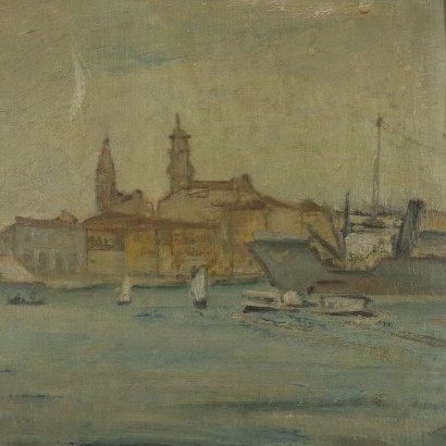 Paysage Côtier avec des Bateaux Aldo Carpi Huile sur Toile 1952