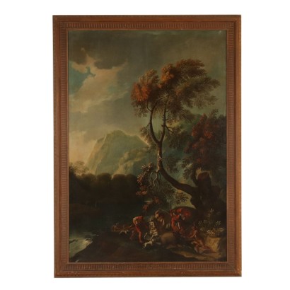 Large Landscape Wild Boar Hunting Oil on Canvas 18th Century