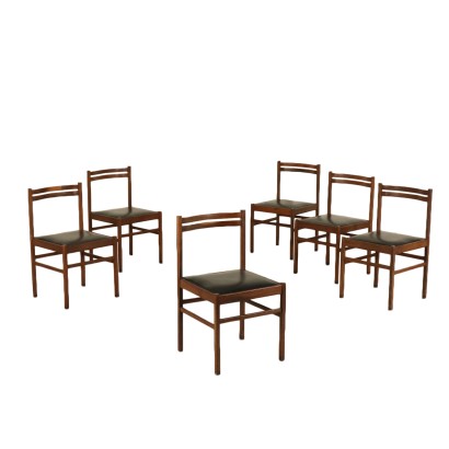 Suite de six Chaises Teck Mousse Cuir sinthétique Italie Années 60