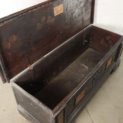 Carved Inlaid Storage Bench Maple Walnut Italy Late 1600s