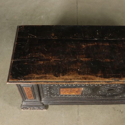 Carved Inlaid Storage Bench Maple Walnut Italy Late 1600s