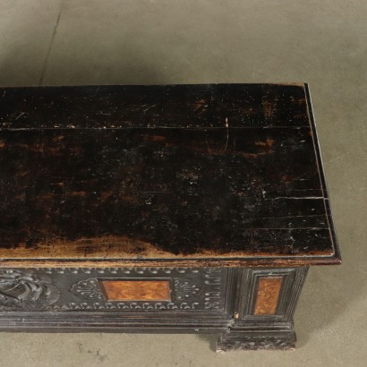 Carved Inlaid Storage Bench Maple Walnut Italy Late 1600s