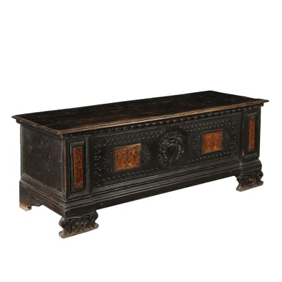 Carved Inlaid Storage Bench Maple Walnut Italy Late 1600s