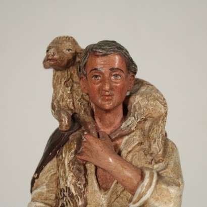 Nativity Statue Shepherd with Sheep Gypsum France 19th Century