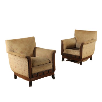 Pair of Walnut Decò Armchairs Italy Early 20th Century