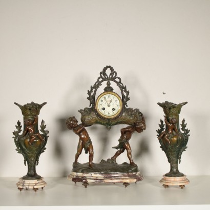 Antimony and Marble Fireplace Triptych France Late 19th Century