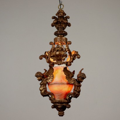 Carved Ceiling Lantern Alabaster Wood Italy Second Half of 1800s