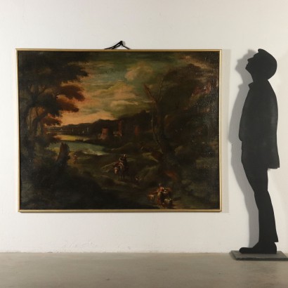 Kunst, Italienische Kunst, Alte italienische Malerei, Landschaft mit Gebäuden und Figuren