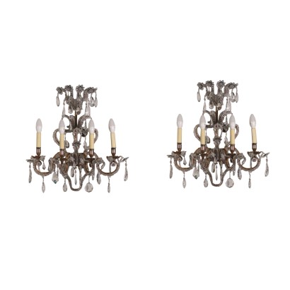 Pair of Four Arm Gilded Iron and Glass Sconces Italy 20th Century