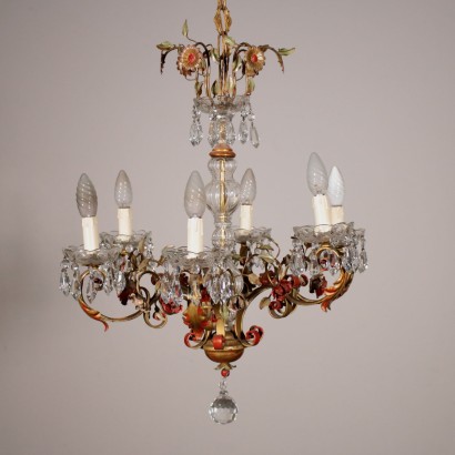 Six Arm Chandelier Sheet Metal Glass Italy First Half 20th Century