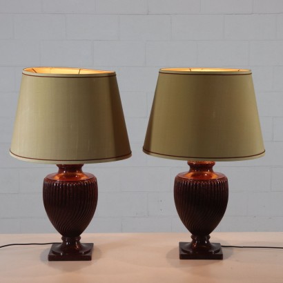 Pair of Lamps Fake Porphyry Fabric Lampshade Italy Mid 1900s