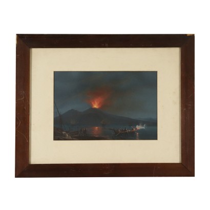 Vista de noche con el Vesubio en erupción
