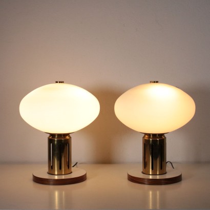 Paire de Lampes de Bureau Bois Laiton Verre opalin Italie Années 60