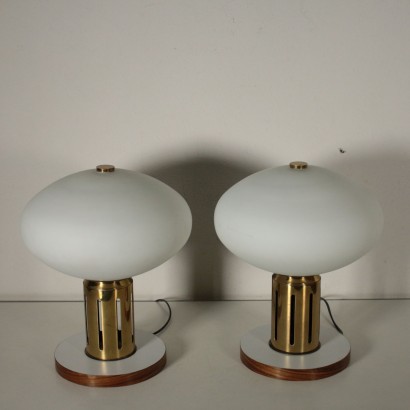 Pair of Table Lamps Wood Brass Glass Vintage Italy 1960s