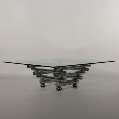 Coffee Table Chromed Metal Glass Top Vintage Italy 1970s