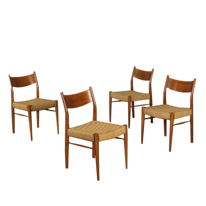 Suite de quatre Chaises Chêne Rouvre Corde Vintage Italie Années 60