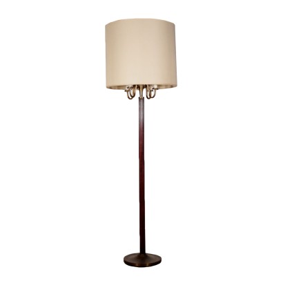 Lampadaire Bois Laiton Tissu Fabriqué en Italie Années 40-50