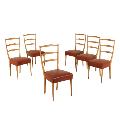 Suite de six Chaises Hêtre Mousse Cuir Synthétique Italie Années 50-60