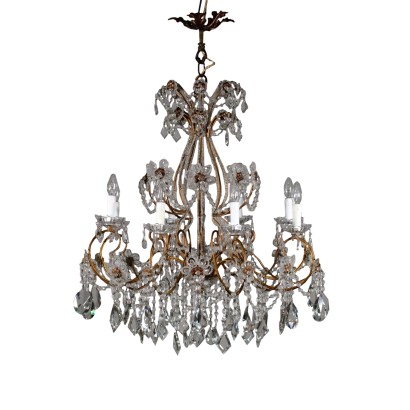 Chandelier Sixteen Arms Gilded Iron Glass Crystal Italy Late 1800s