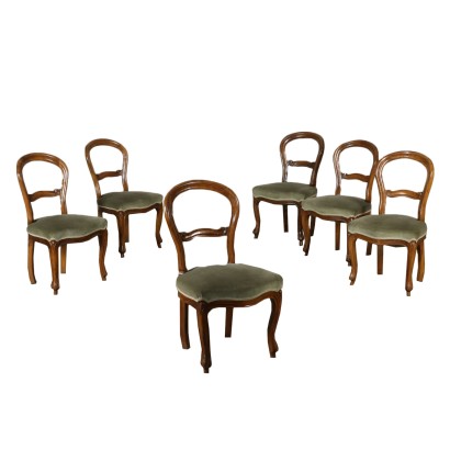 Set of Six Serpentine Carved Chairs Walnut Italy Mid 1800s