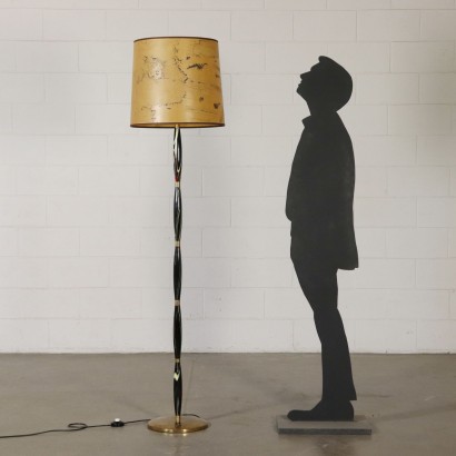 Floor Lamp with Lampshade Brass Lacquered Wood Vintage Italy 1950s