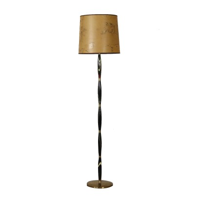 Floor Lamp with Lampshade Brass Lacquered Wood Vintage Italy 1950s