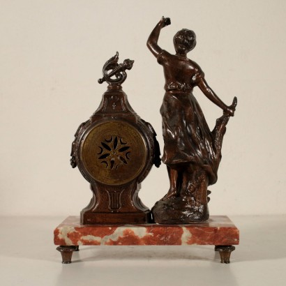 Table Clock Marble Base and Statue Italy Early 20th Century