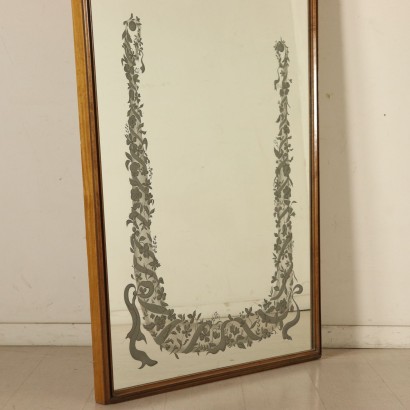 Decorated Mirror Stained Beech Frame Vintage Italy 1950s