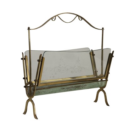 Magazine Rack Brass Metal Glass Vintage Italy 1950s