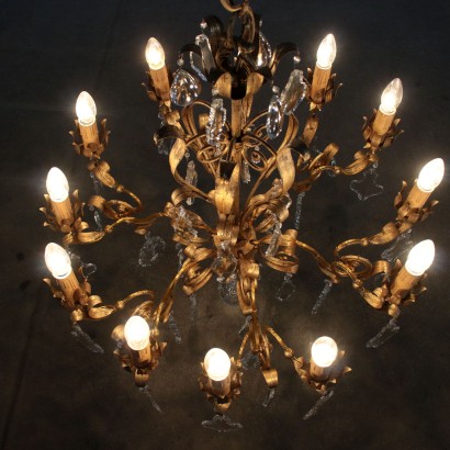 Lustre aux six Bras Fer doré Cristal Italie Fin '800- Début '900