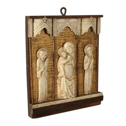 Madonna mit Kind und Heiligen Elfenbein Holz Ende '800 Anfang '900.