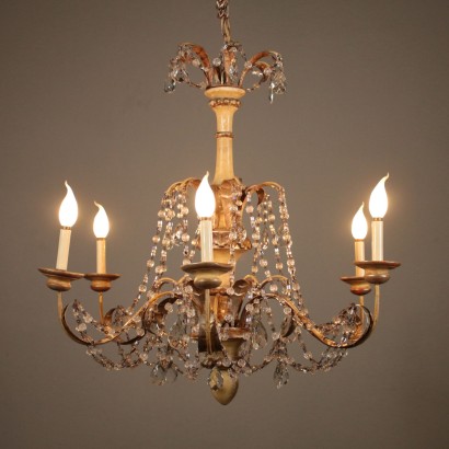 Lacquered Chandelier Iron Wood Glass Italy 20th Century