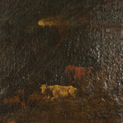 Landscape with Shepherd and Herd Oil Painting 18th Century