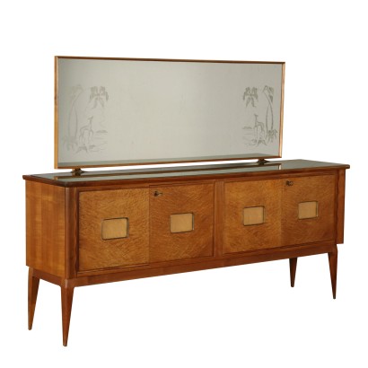 Buffet with Mirror Mahogany and Burl Veneer Vintage Italy 1950s